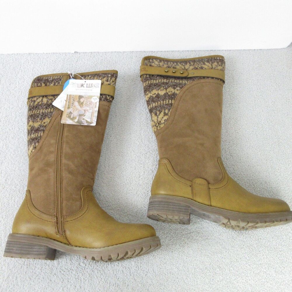 Muk Luks Boots Womens 7 Chestnut Mid Calf‎ Knit Water Resistant Memory Foam